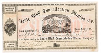 (CALIFORNIA.) Stock certificate for 50 shares in the Bodie Bluff Consolidation Mining Co., signed by Leland Stanford.                            